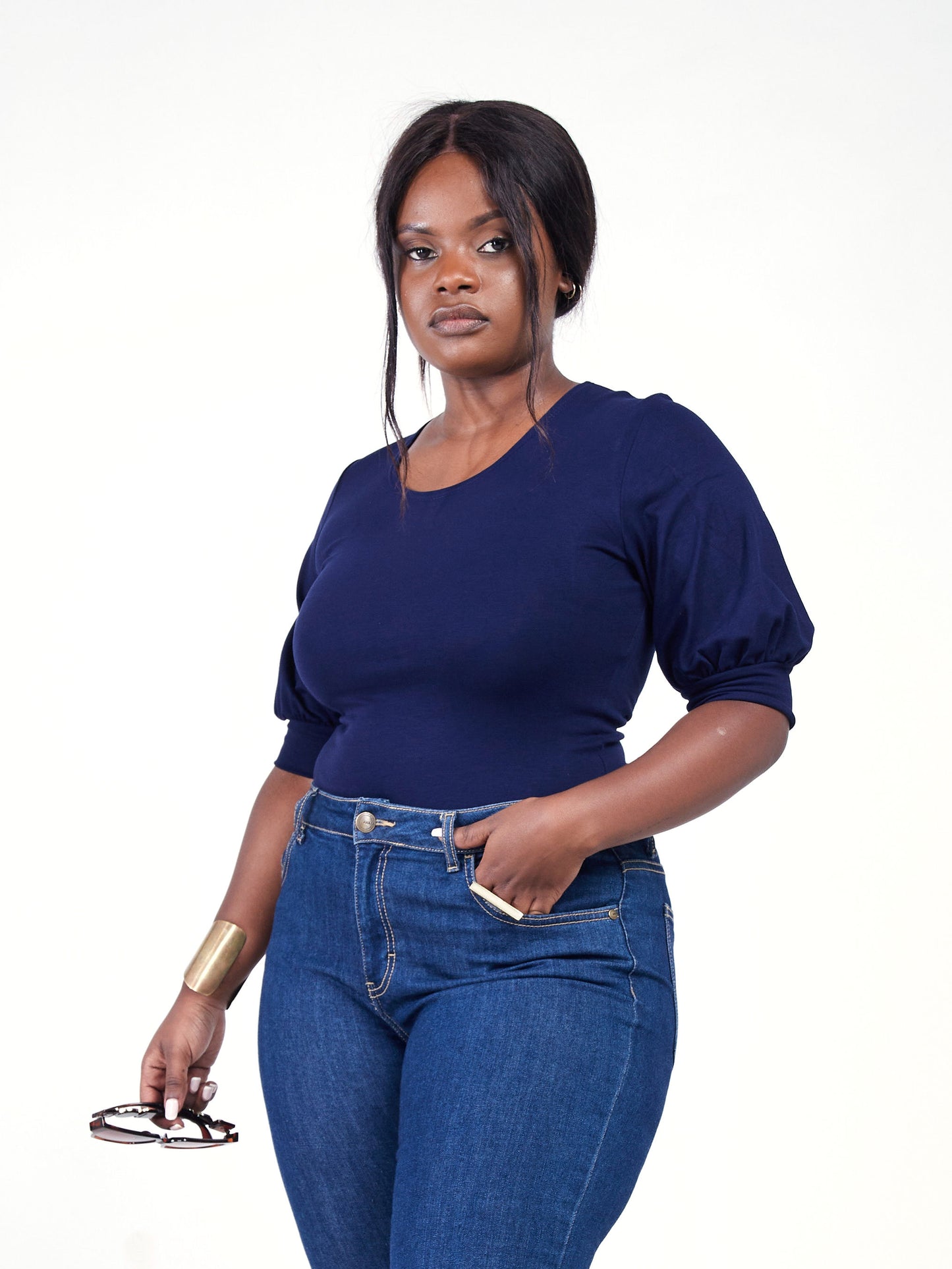 Vivo Tana Puff Sleeve Bodysuit - Navy Blue