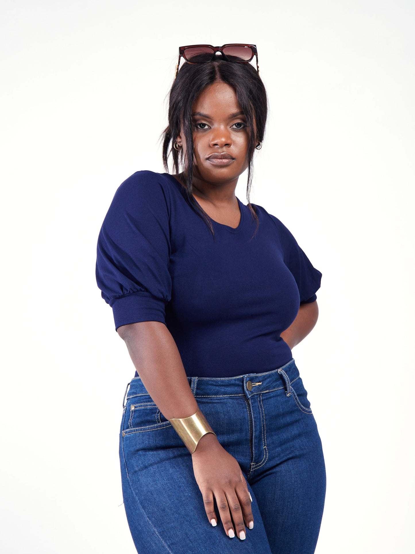 Vivo Tana Puff Sleeve Bodysuit - Navy Blue