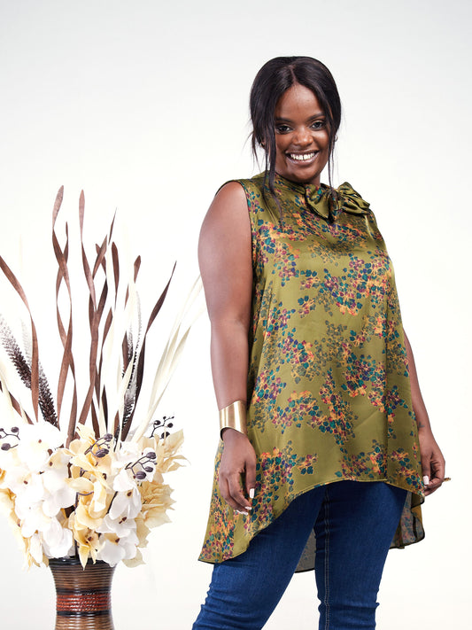 Vivo Bissa High Low Sleeveless Top - Army Green / Burgundy Floral Print