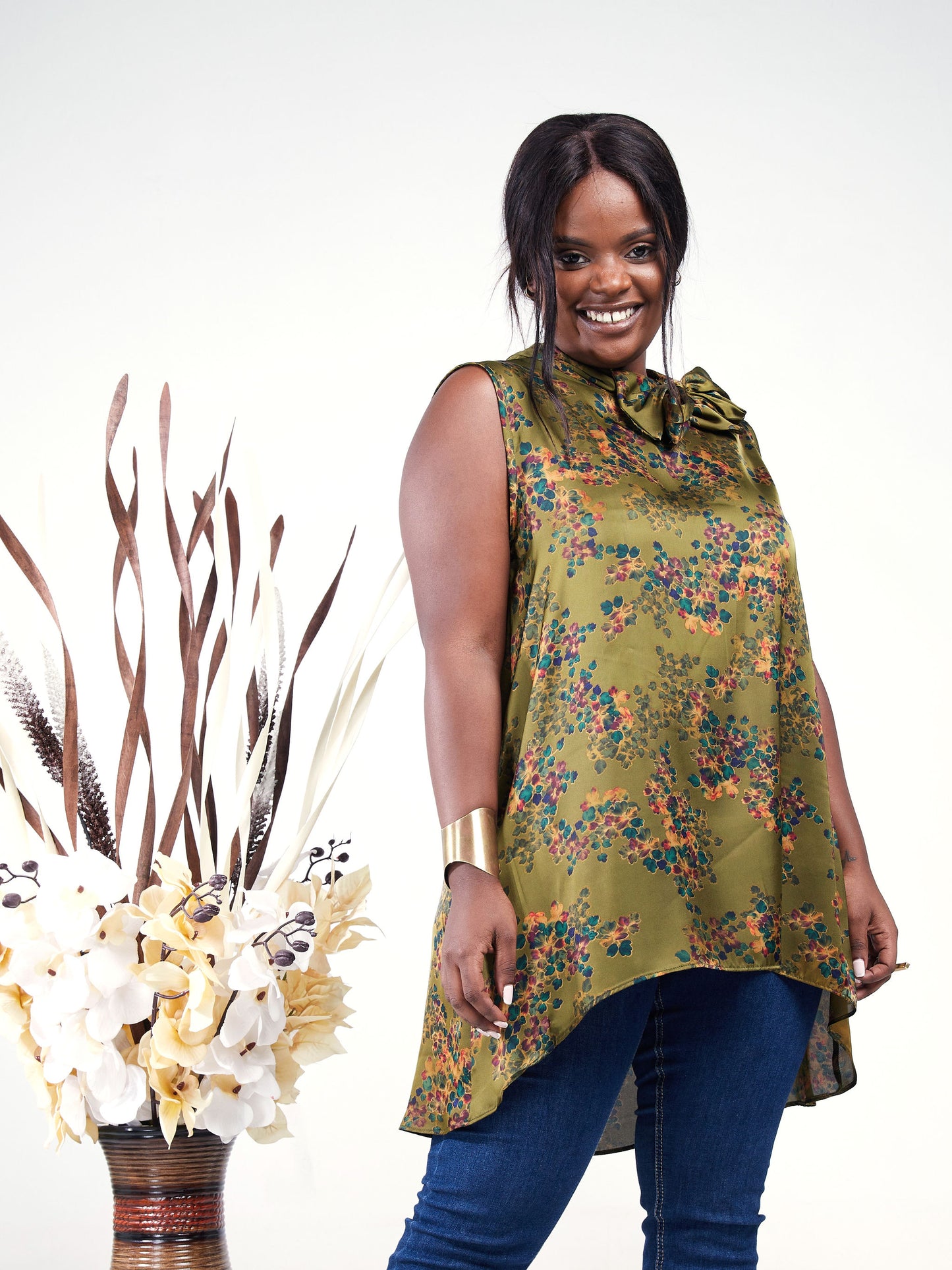 Vivo Bissa High Low Sleeveless Top - Army Green / Burgundy Floral Print