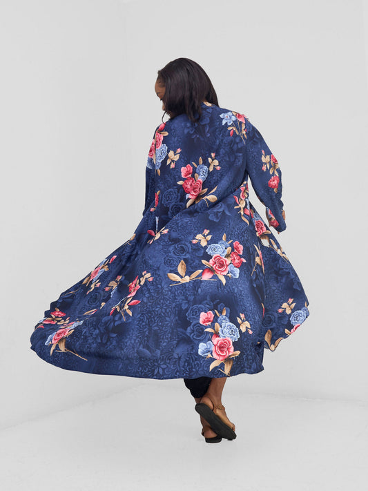 Vivo Maisha Long Sleeve High Low Kimono - Navy Nyua Print