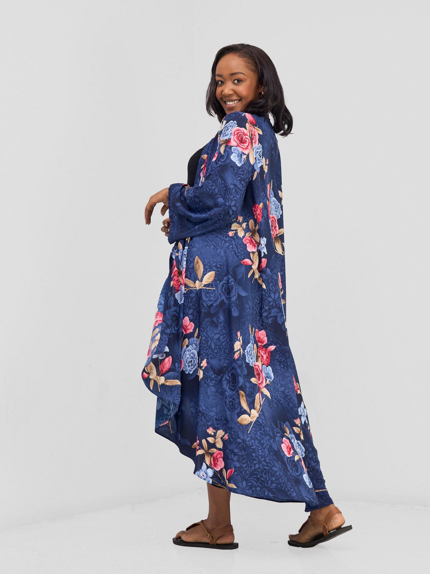 Vivo Maisha Long Sleeve High Low Kimono - Navy Nyua Print