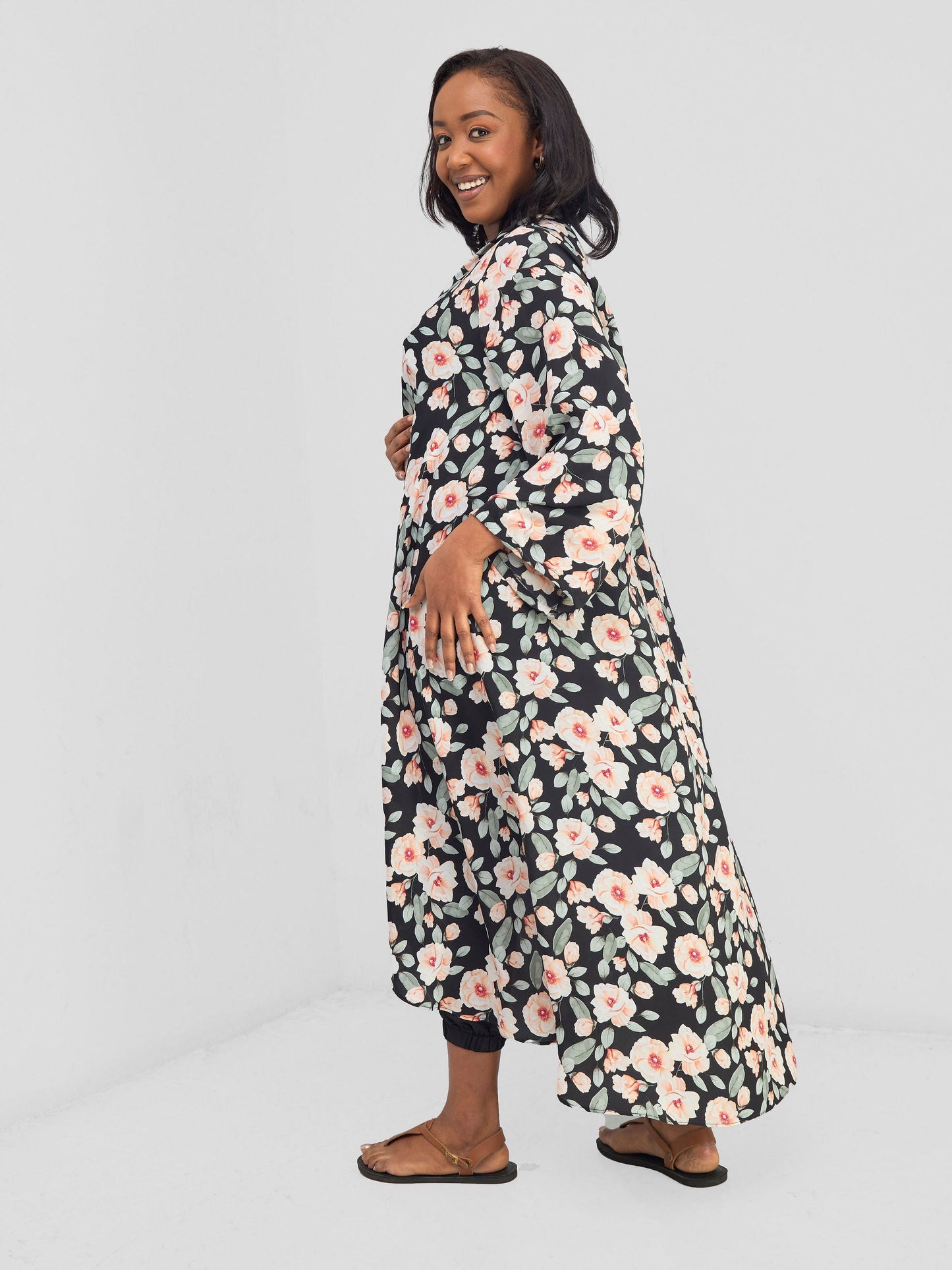 Vivo Maisha Long Sleeve High Low Kimono - Black  Nyua Print