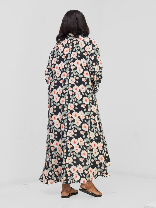 Vivo Maisha Long Sleeve High Low Kimono - Black  Nyua Print