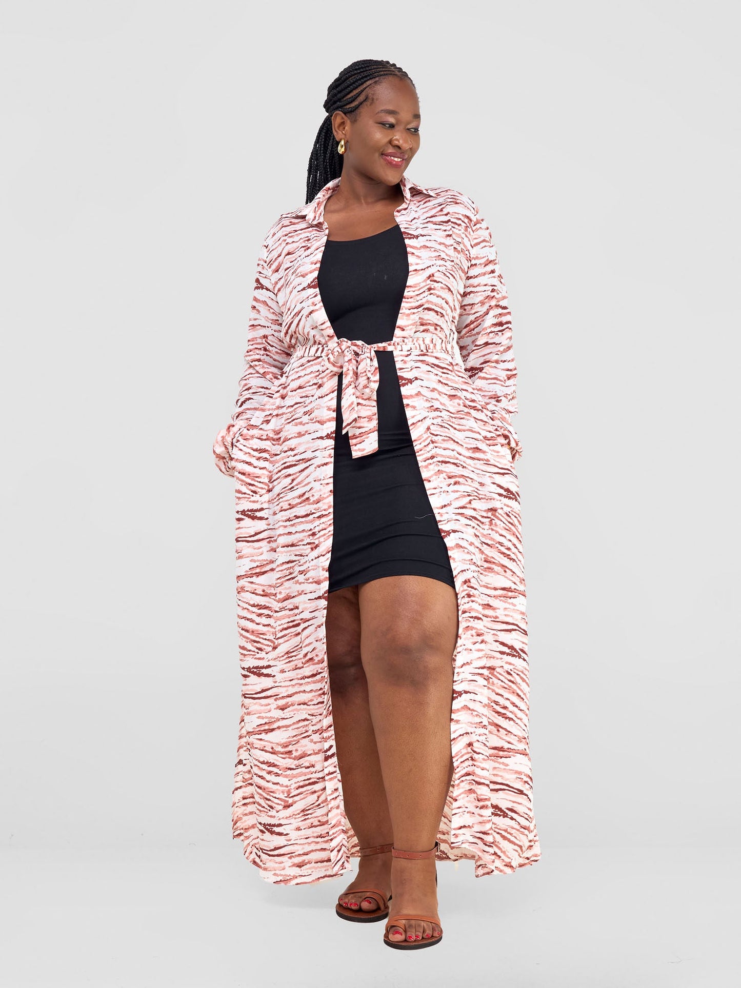 Vivo Sana Long Sleeved Maxi cover-Up -  White /Peach Animal stripes Print