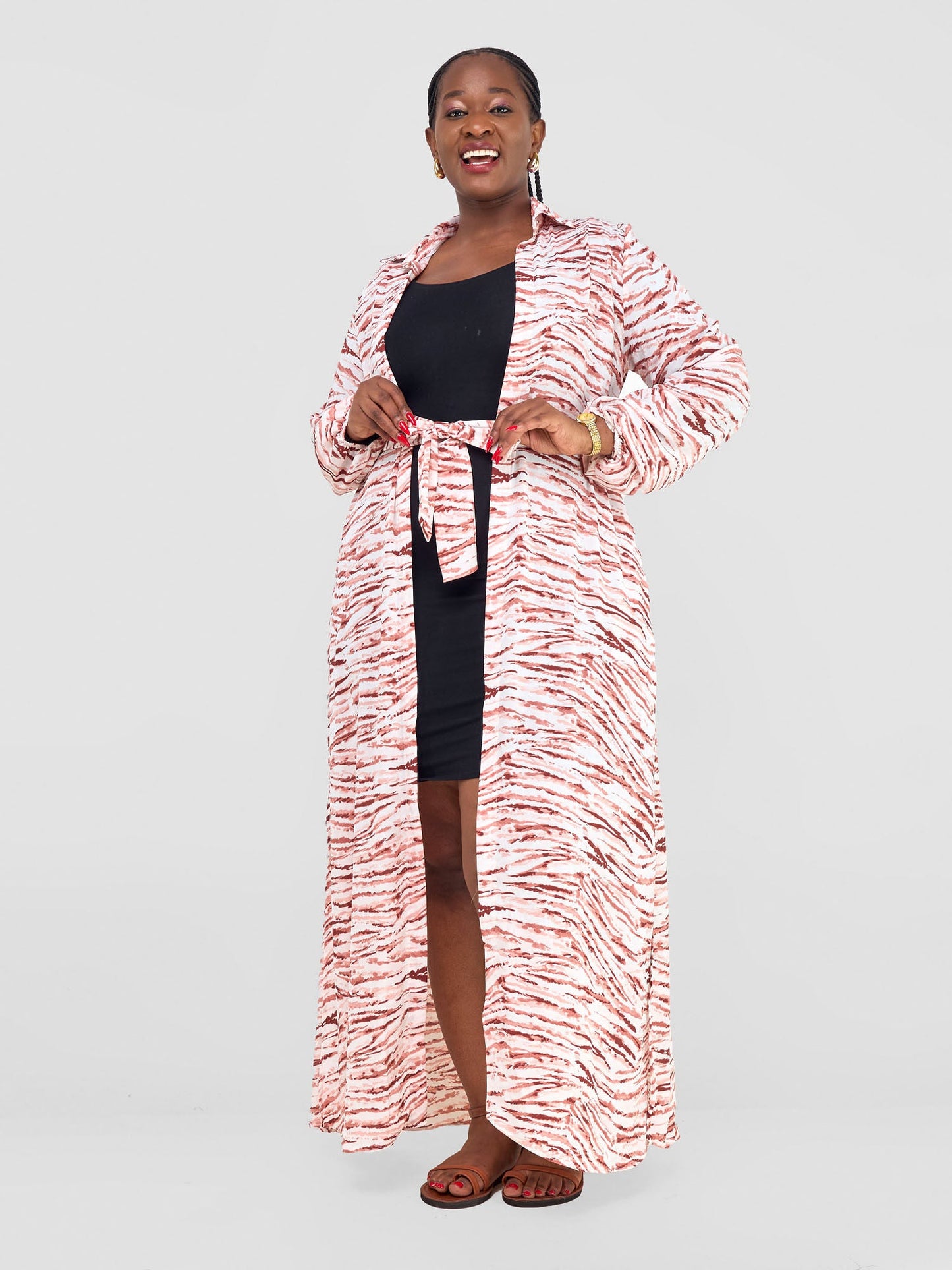 Vivo Sana Long Sleeved Maxi cover-Up -  White /Peach Animal stripes Print