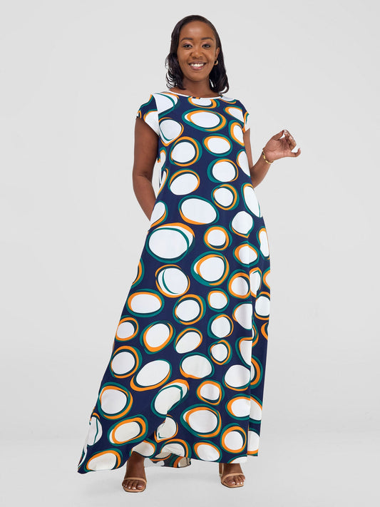 Vivo Basic Cap Sleeve Maxi Tent Dress - Teal Polka Print