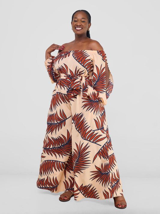 Vivo Yumi Off Shoulder Jumpsuit - Taupe / Brown Palm Leaves