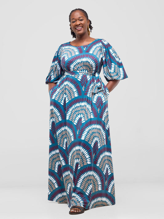 Vivo Nkasi Bubble Sleeve Maxi Dress - Teal / Burgundy Kasi Print