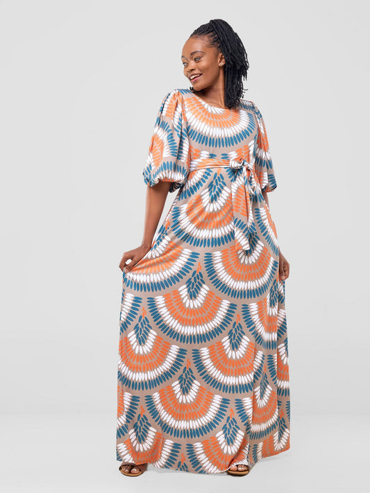 Vivo Nkasi Bubble Sleeve Maxi Dress - Taupe / Orange Nkasi Print