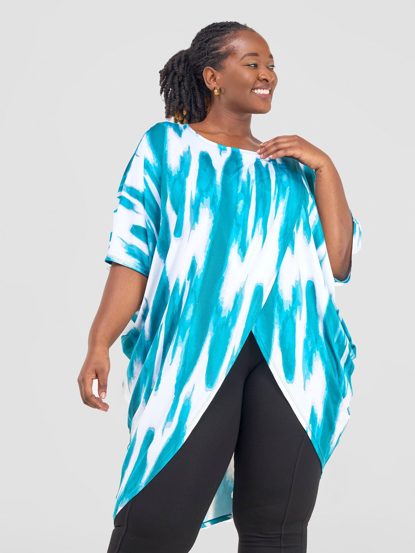 Vivo Nkasi Asymmetrical Criss Cross Top - White / Teal Shibori Print