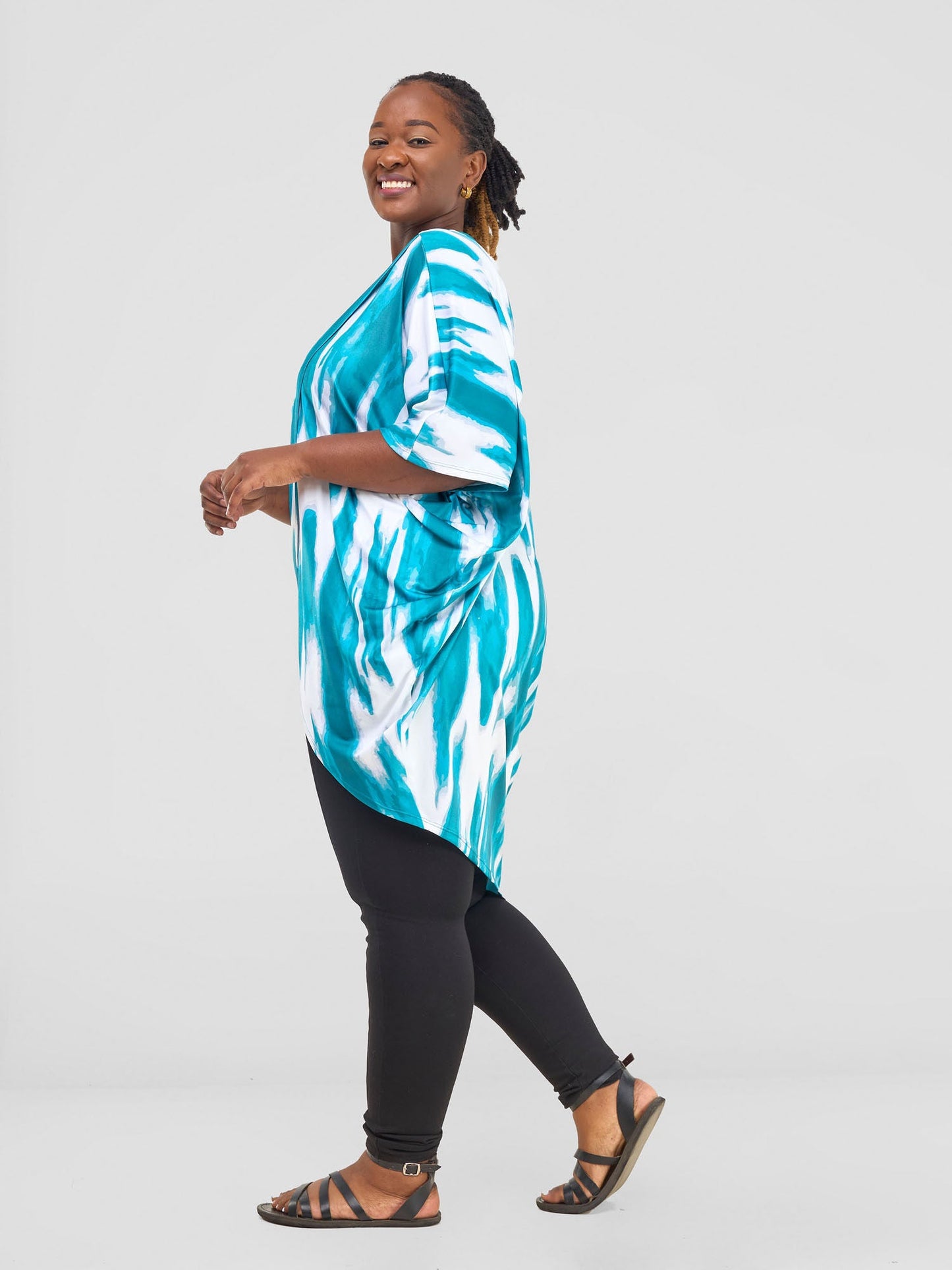 Vivo Nkasi Asymmetrical Criss Cross Top - White / Teal Shibori Print
