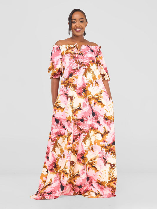 Vivo Situ Off-shoulder Tie Maxi Dress - Cream / Pink Print