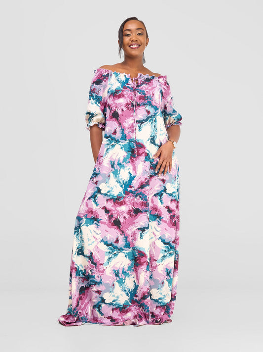 Vivo Situ Off-shoulder Tie Maxi Dress - Teal / Pink Print
