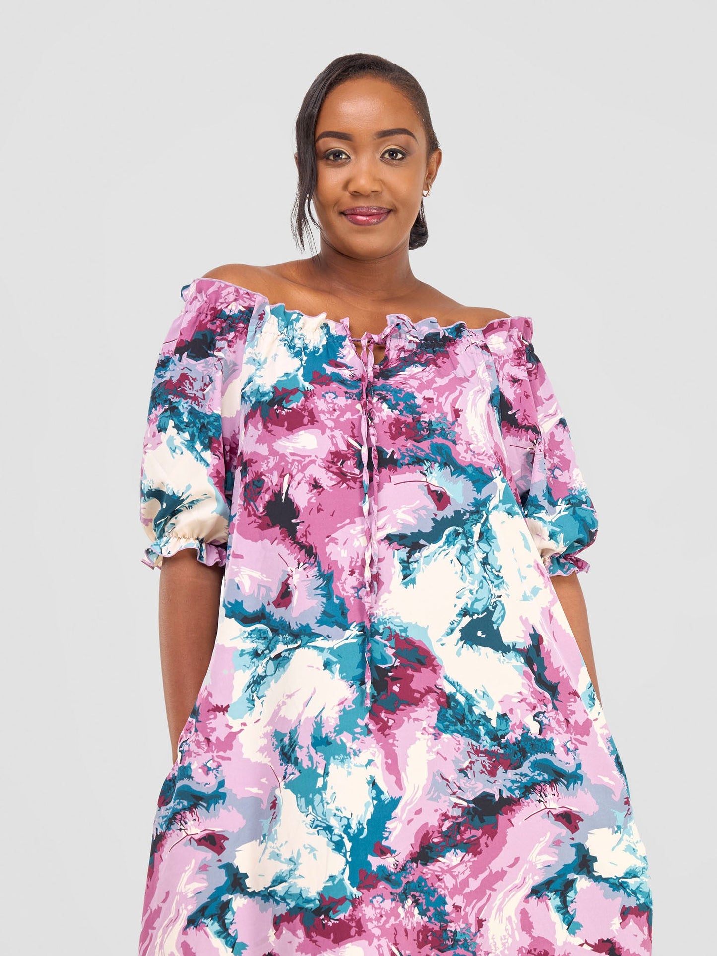 Vivo Situ Off-shoulder Tie Maxi Dress - Teal / Pink Print