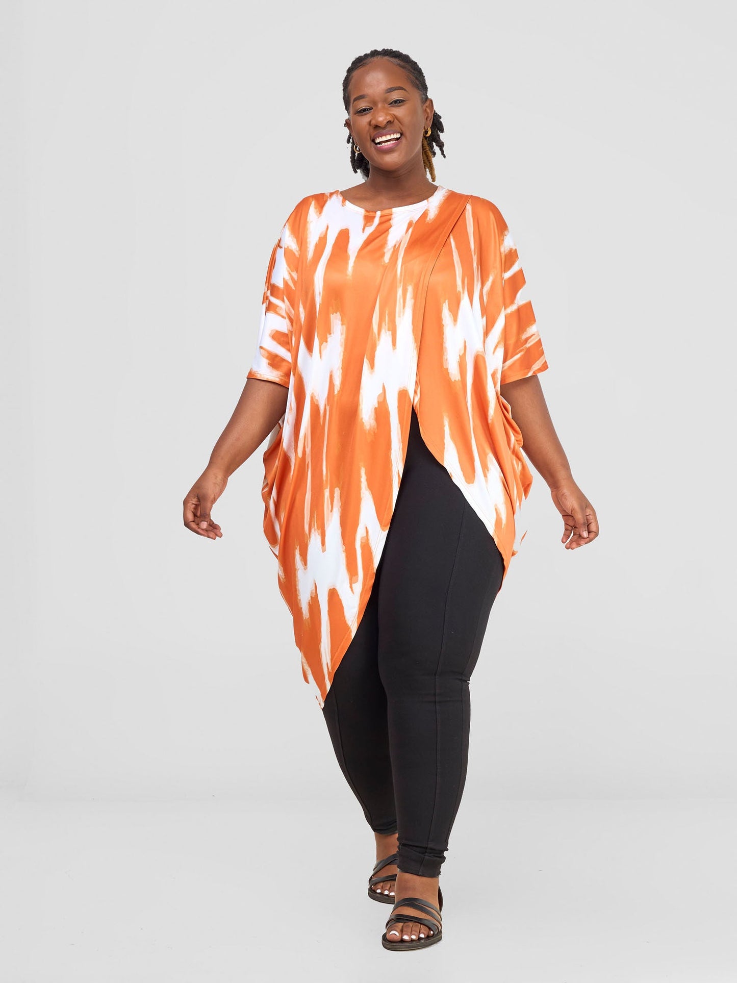 Vivo Nkasi Asymmetrical Criss Cross Top - White / Orange Shibori Print