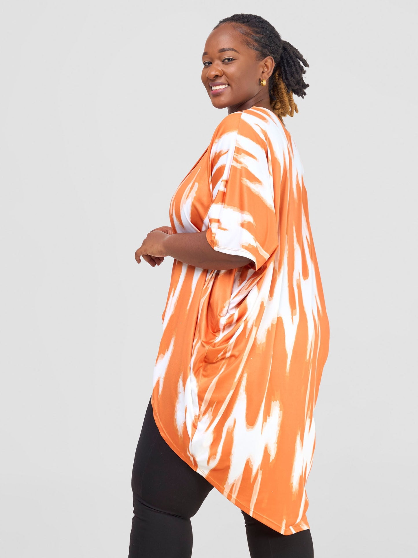 Vivo Nkasi Asymmetrical Criss Cross Top - White / Orange Shibori Print
