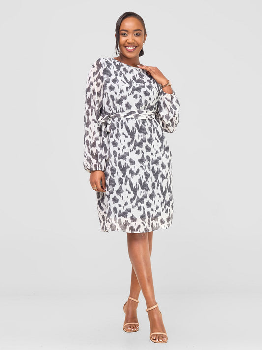 Vivo Zawadi Shift Dress - White / Grey Print