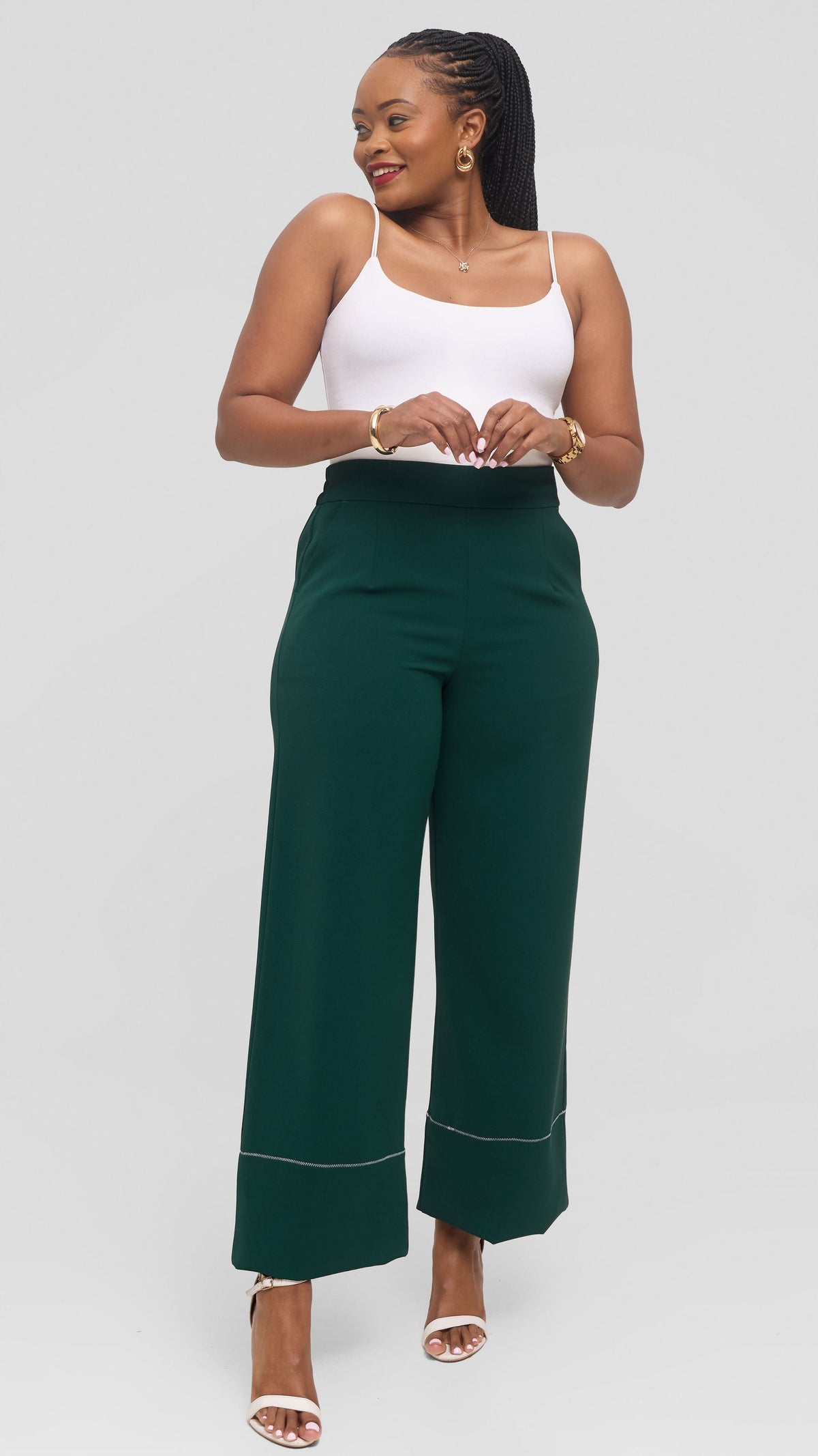 Vivo Contrast Stitch Wide Leg Pants in Twill -  Dark Green