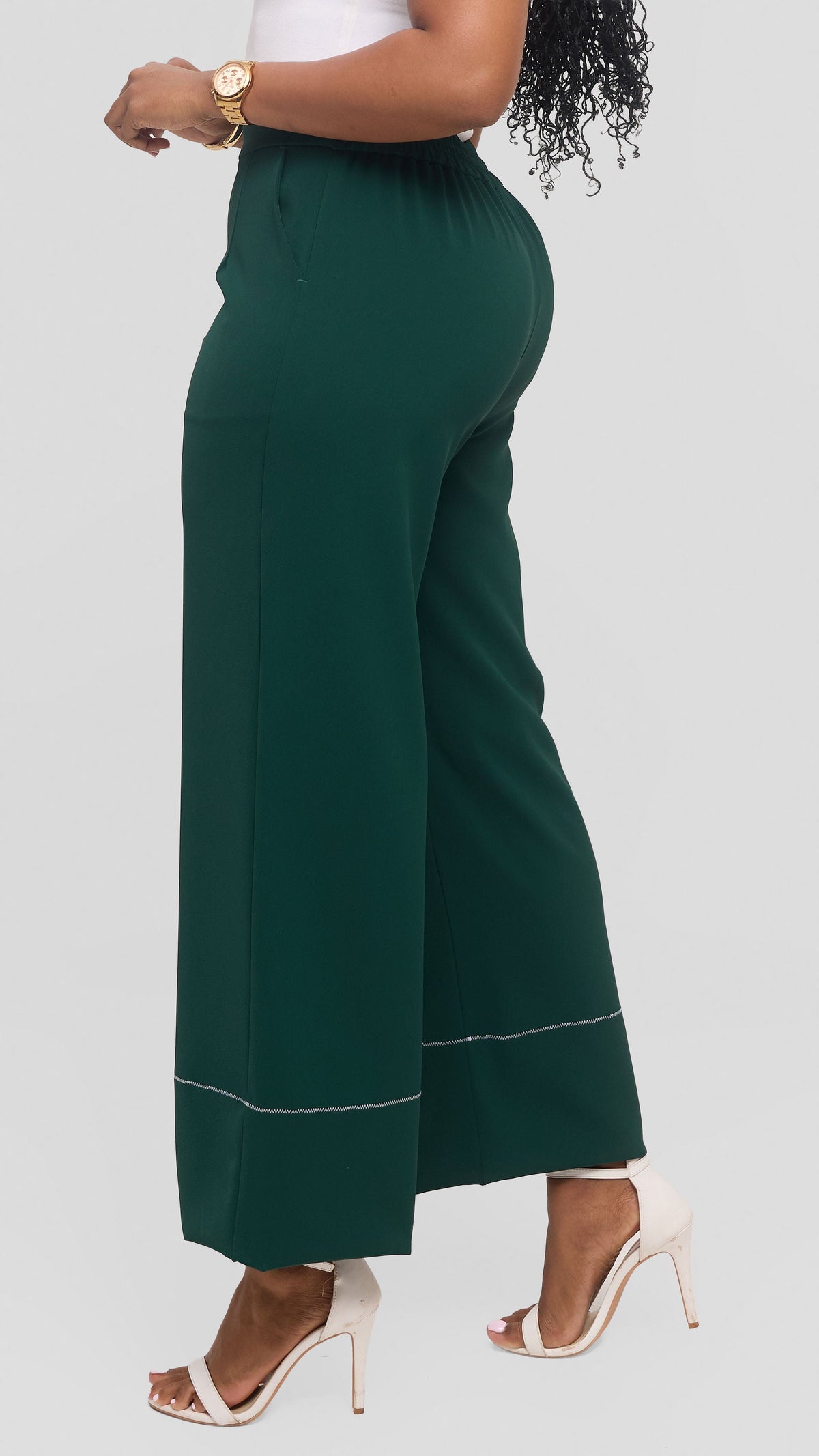 Vivo Contrast Stitch Wide Leg Pants in Twill -  Dark Green