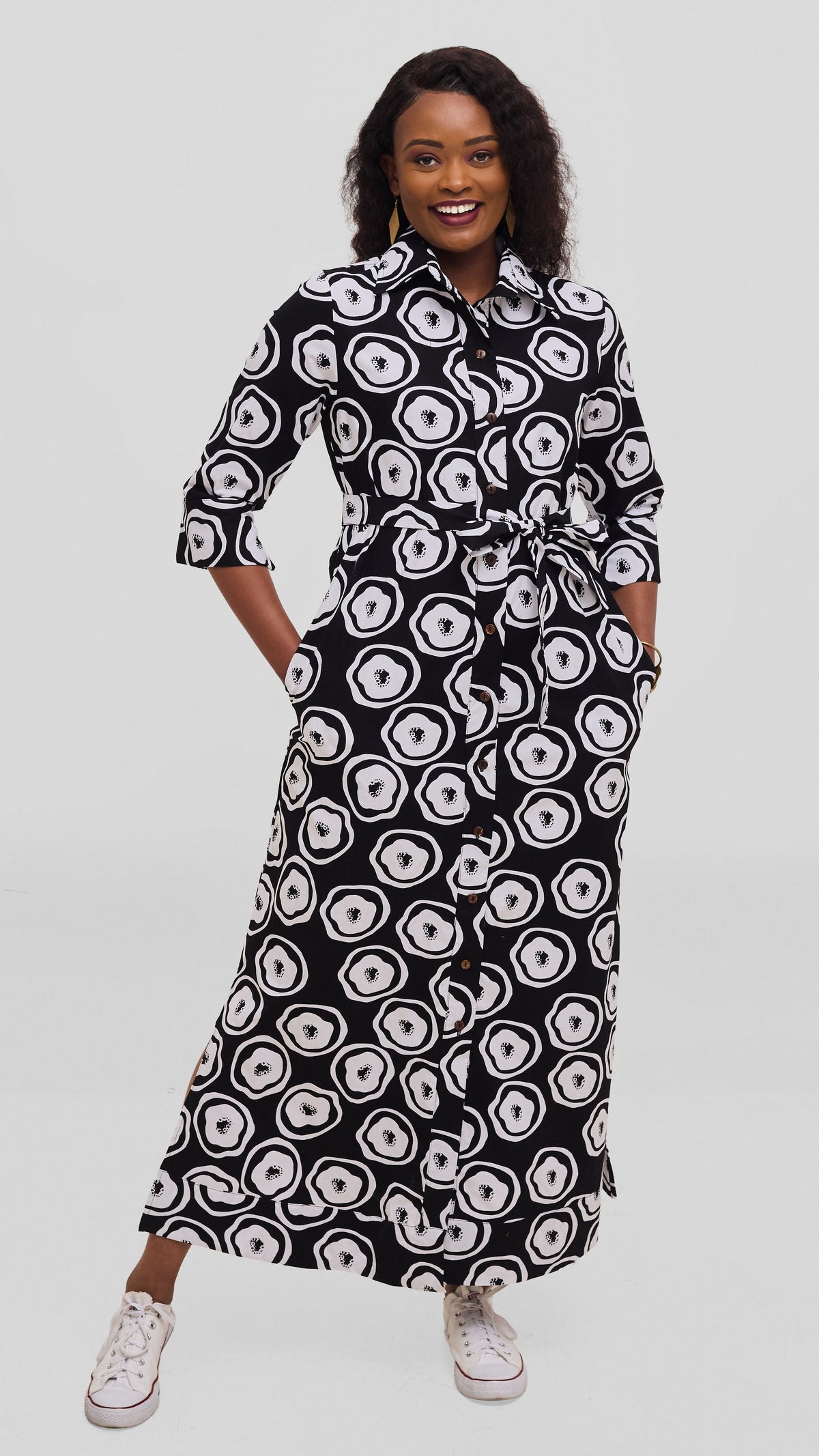 Safari by Vivo Zehra 3/4 Sleeve Maxi Dress in Kitenge - Black / White Ana Print