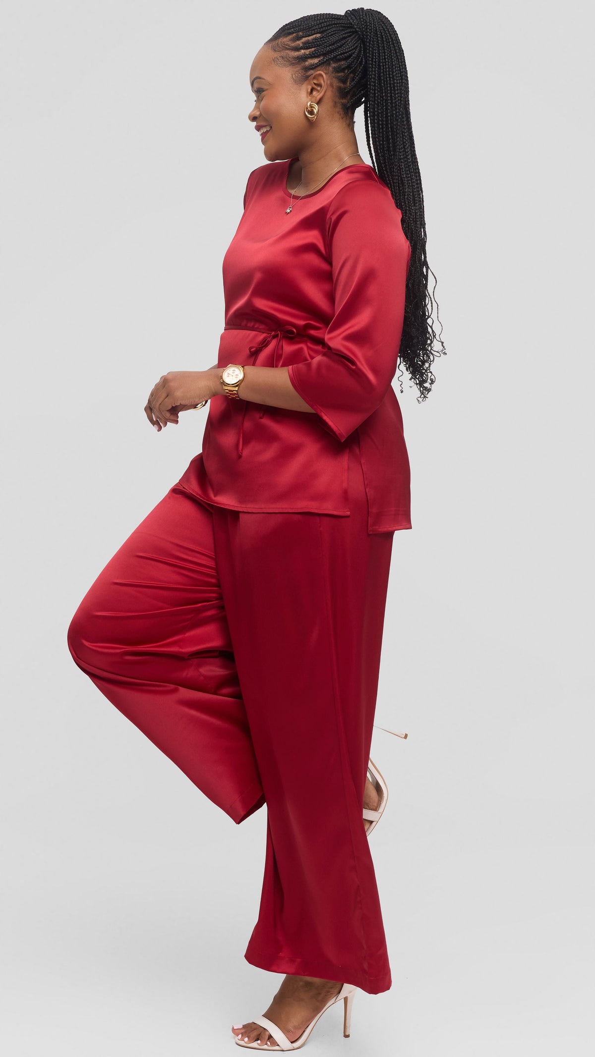 Vivo 3/4 Sleeve Side Slit Top in Satin - Dark Red