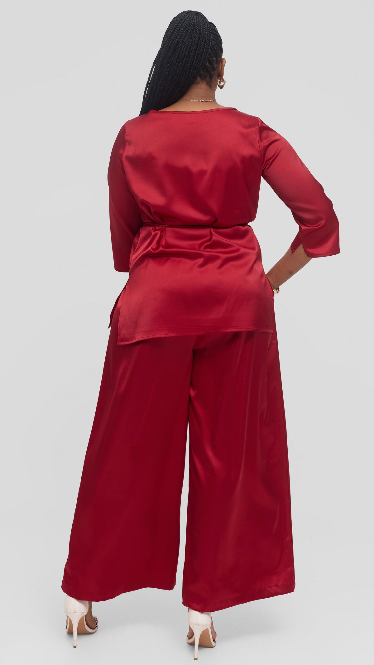 Vivo 3/4 Sleeve Side Slit Top in Satin - Dark Red