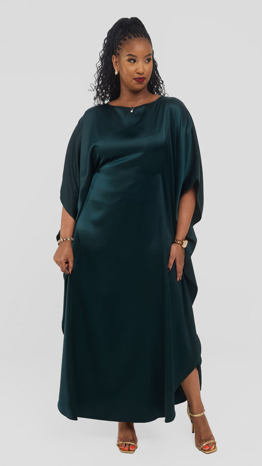 Vivo Round Neck Maxi Kaftan in Satin - Dark Green