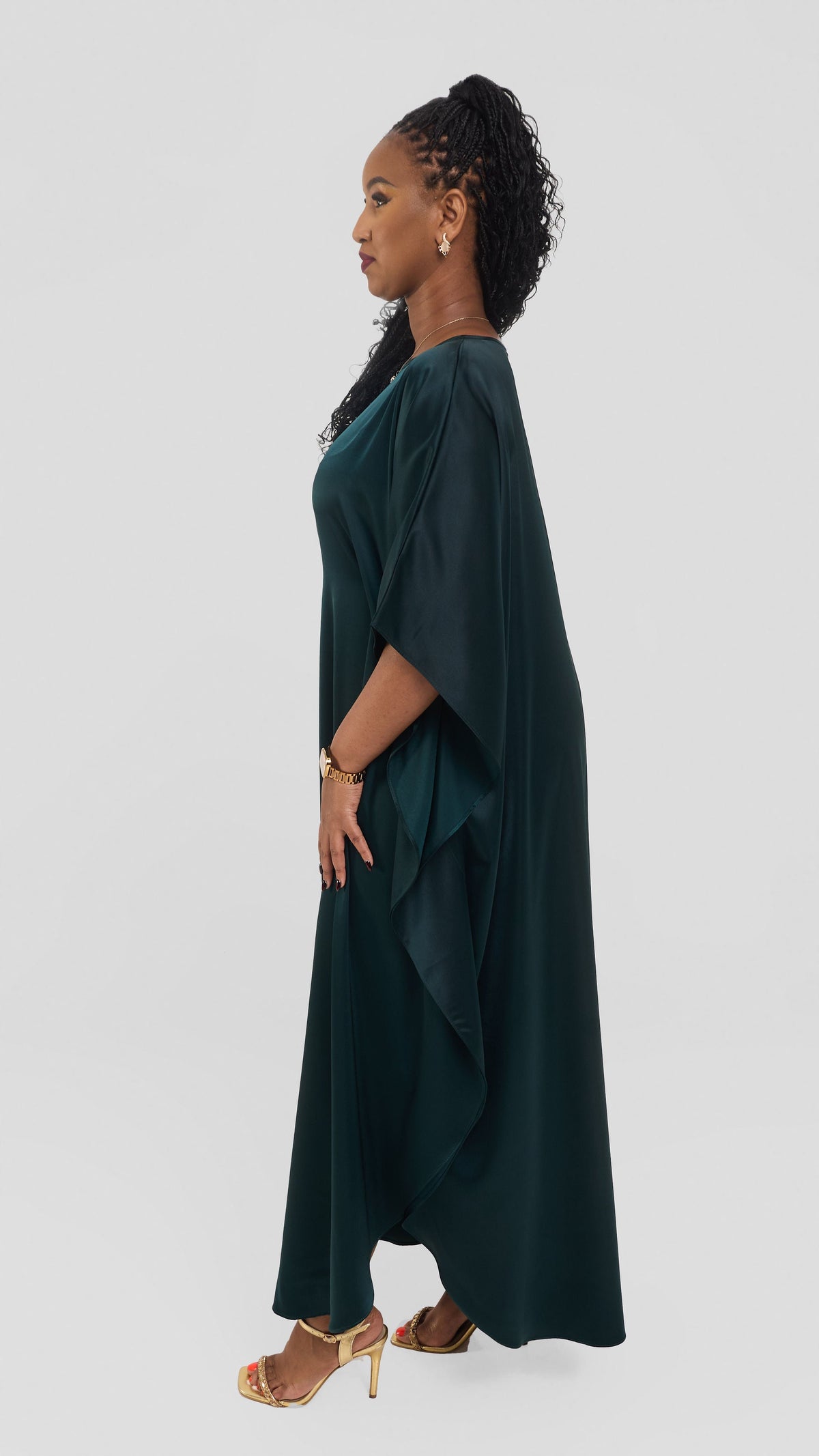 Vivo Round Neck Maxi Kaftan in Satin - Dark Green