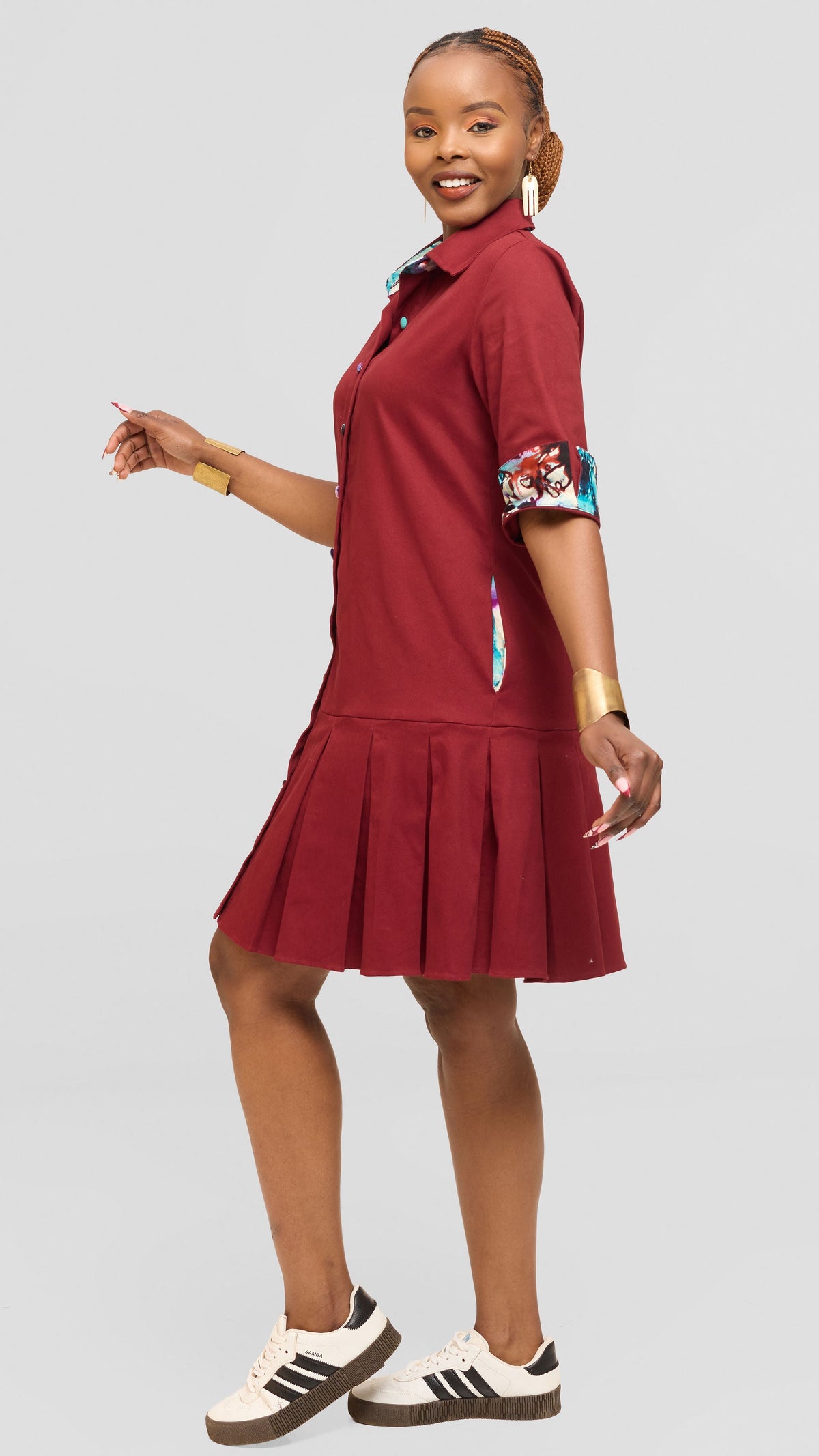 Safari by Vivo Pleated Dress in Cotton - Maroon