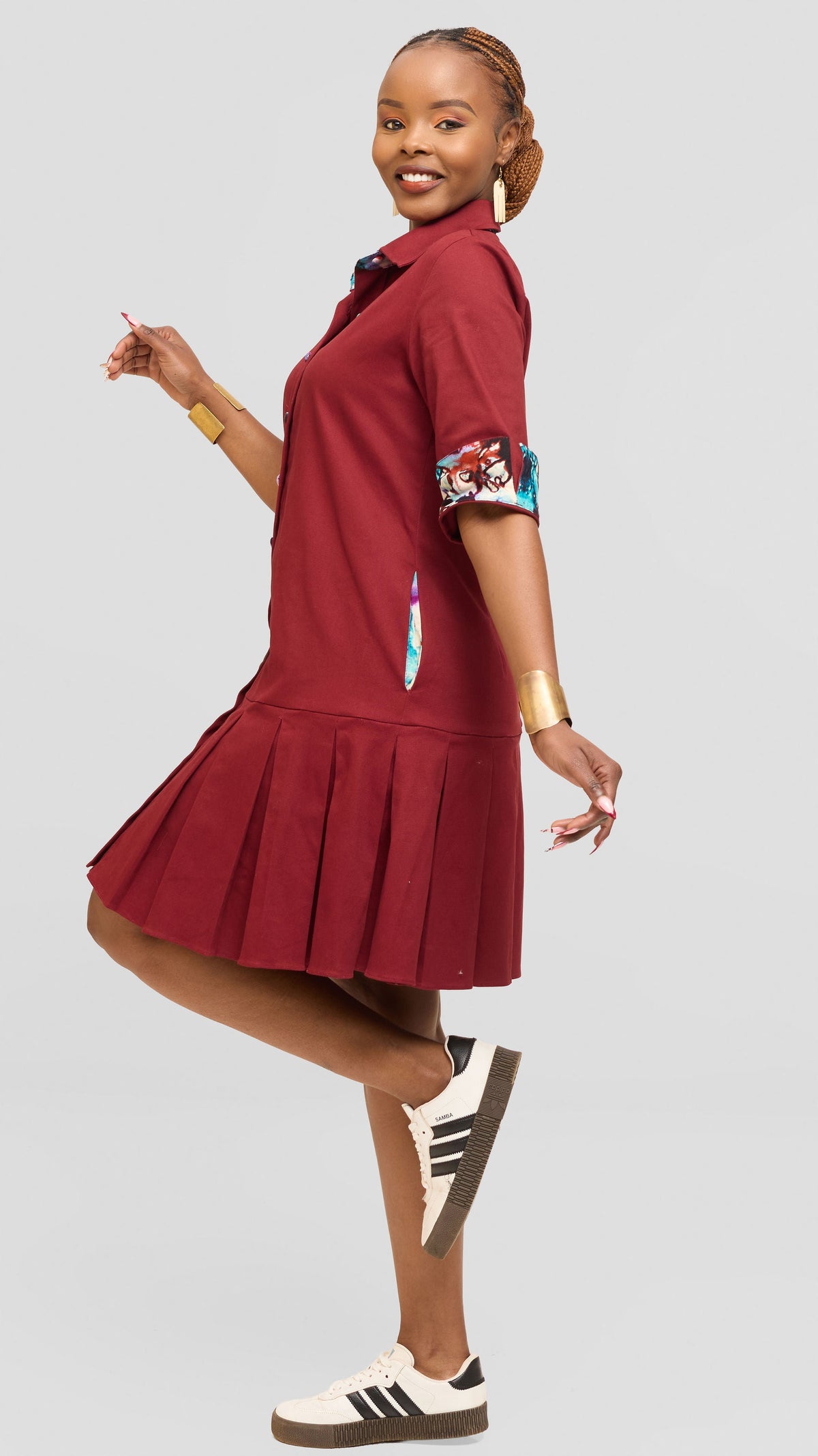 Safari by Vivo Pleated Dress in Cotton - Maroon