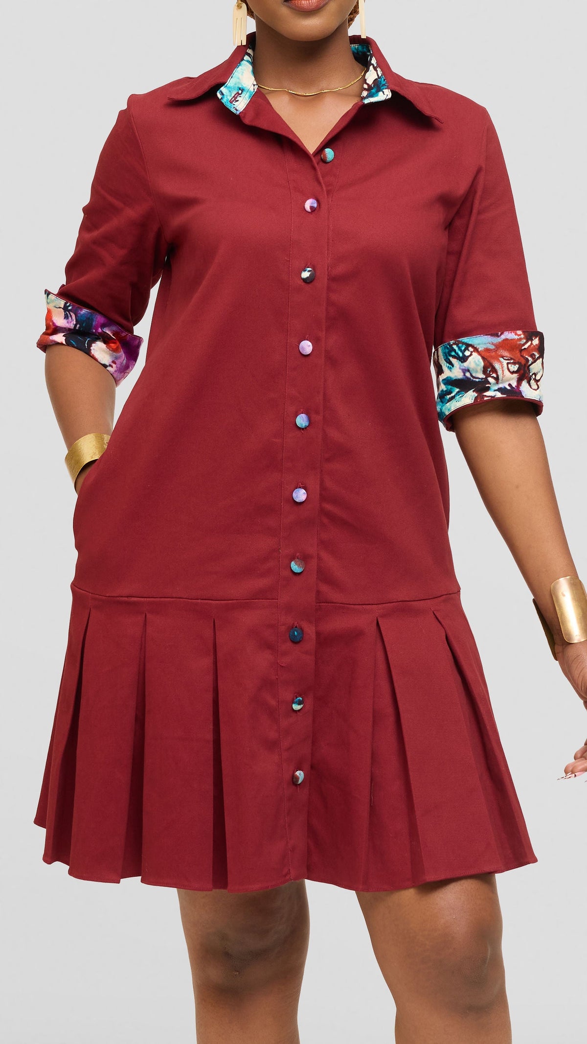 Safari by Vivo Pleated Dress in Cotton - Maroon