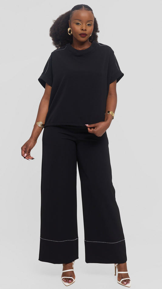 Vivo Contrast Stitch Loose Top in Twill - Black