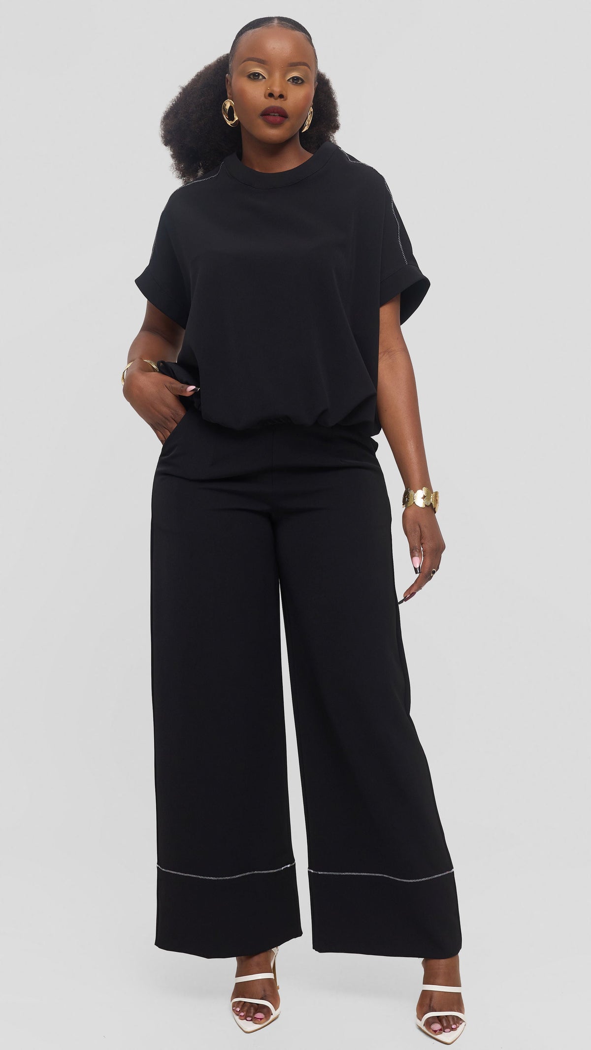 Vivo Contrast Stitch Wide Leg Pants in Twill - Black