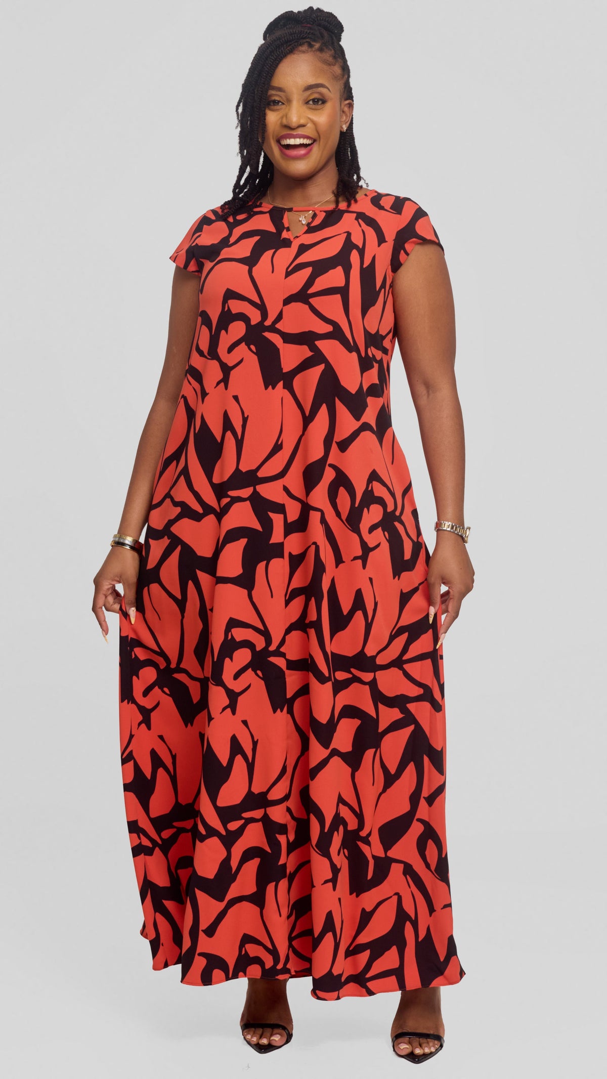 Vivo Sakari Cap Sleeve Maxi Dress in Crepe - Rust / Black Zania Print