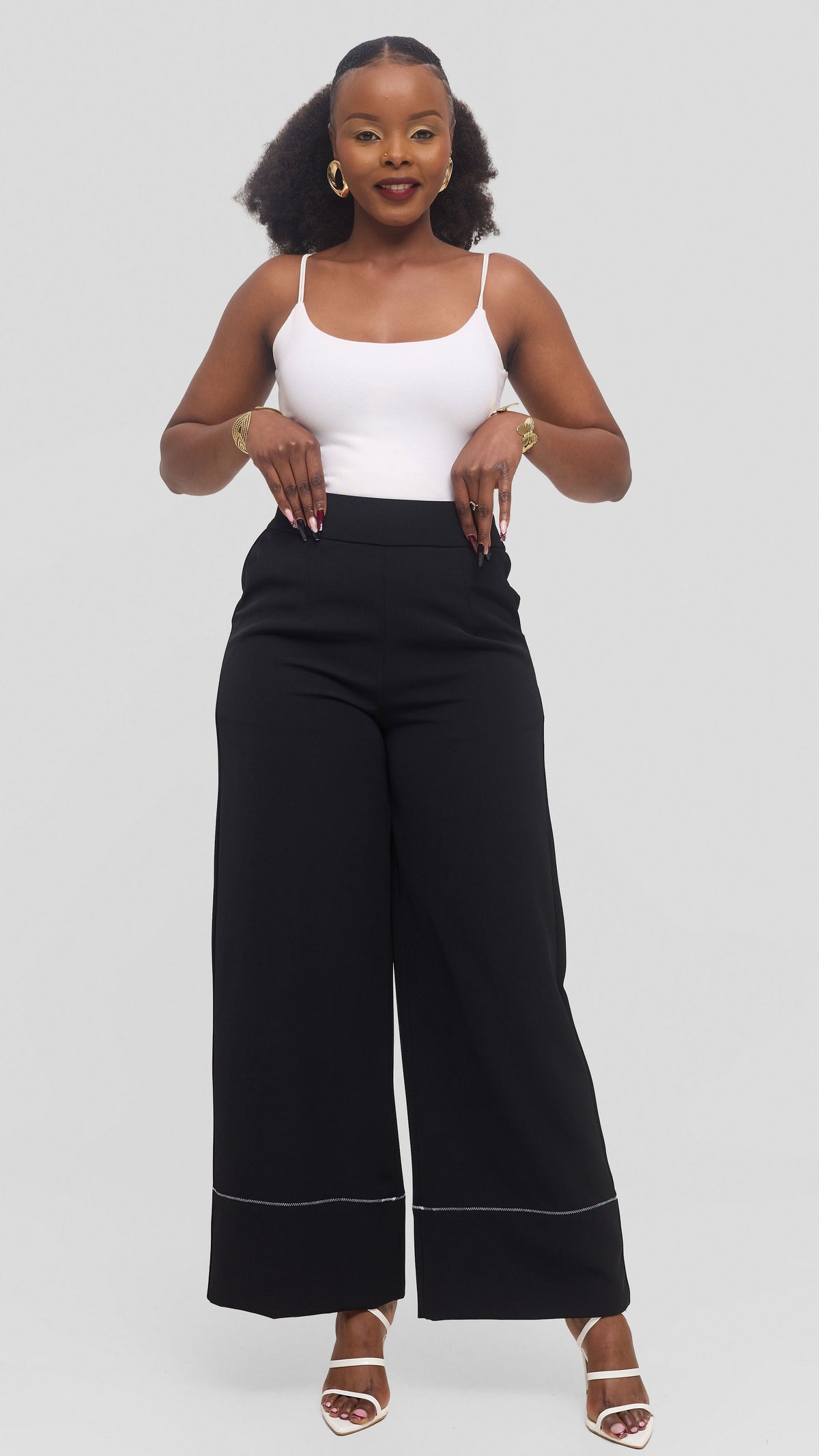 Vivo Contrast Stitch Wide Leg Pants in Twill - Black