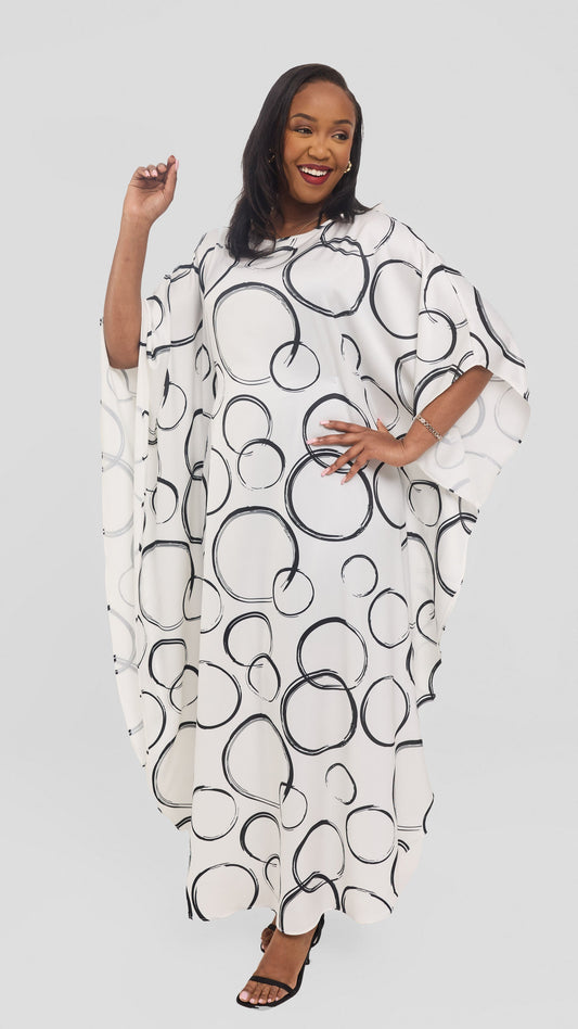 Vivo Round Neck Maxi Kaftan in Satin - White / Black Amani Print