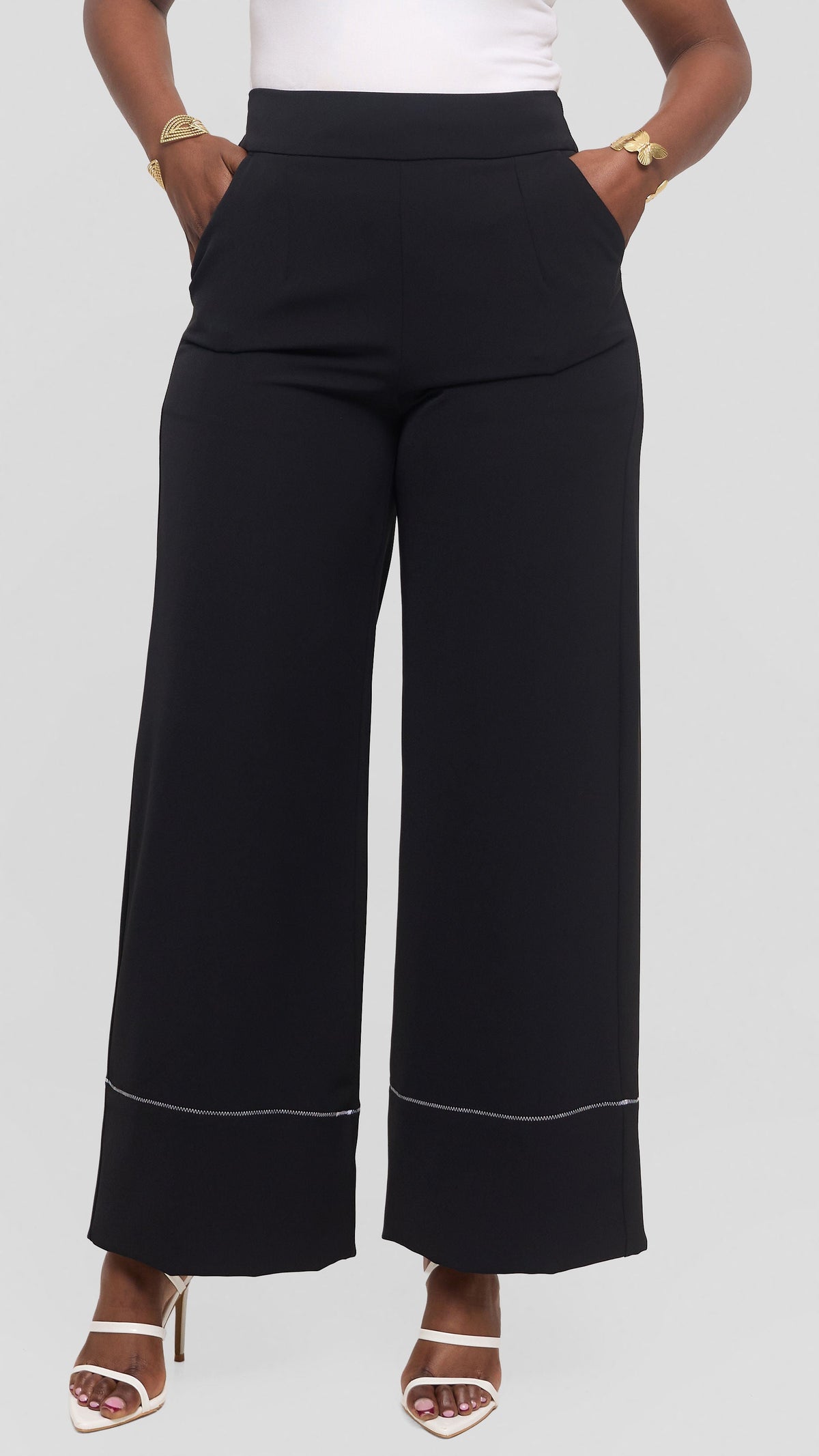 Vivo Contrast Stitch Wide Leg Pants in Twill - Black