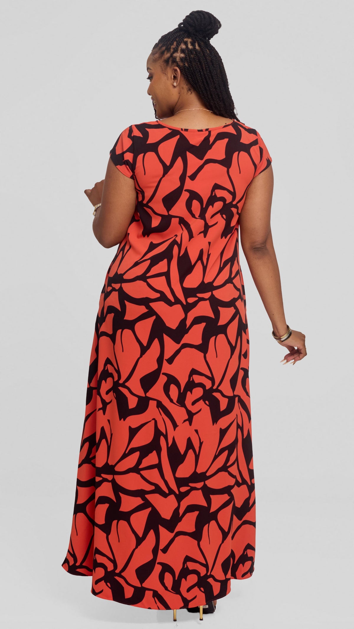 Vivo Sakari Cap Sleeve Maxi Dress in Crepe - Rust / Black Zania Print
