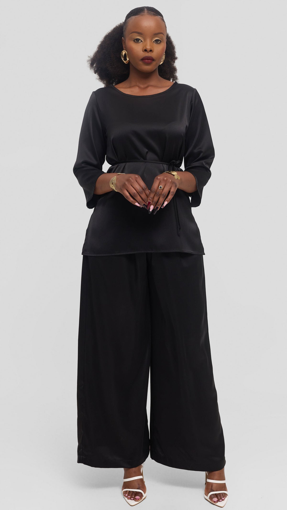 Vivo Gathered Waist Pants in Satin - Black