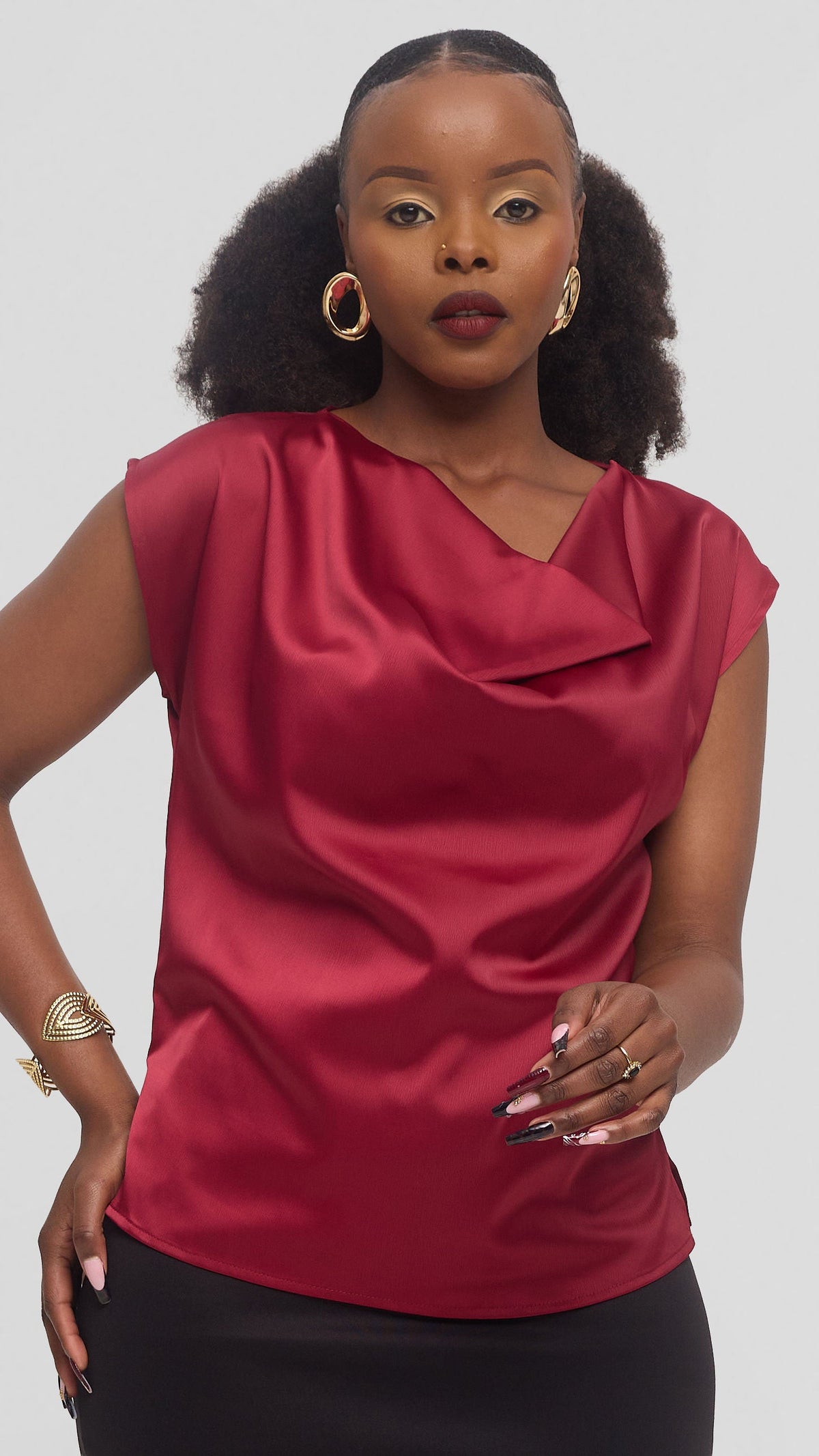 Vivo Drop Shoulder Cowl Top in Satin - Maroon