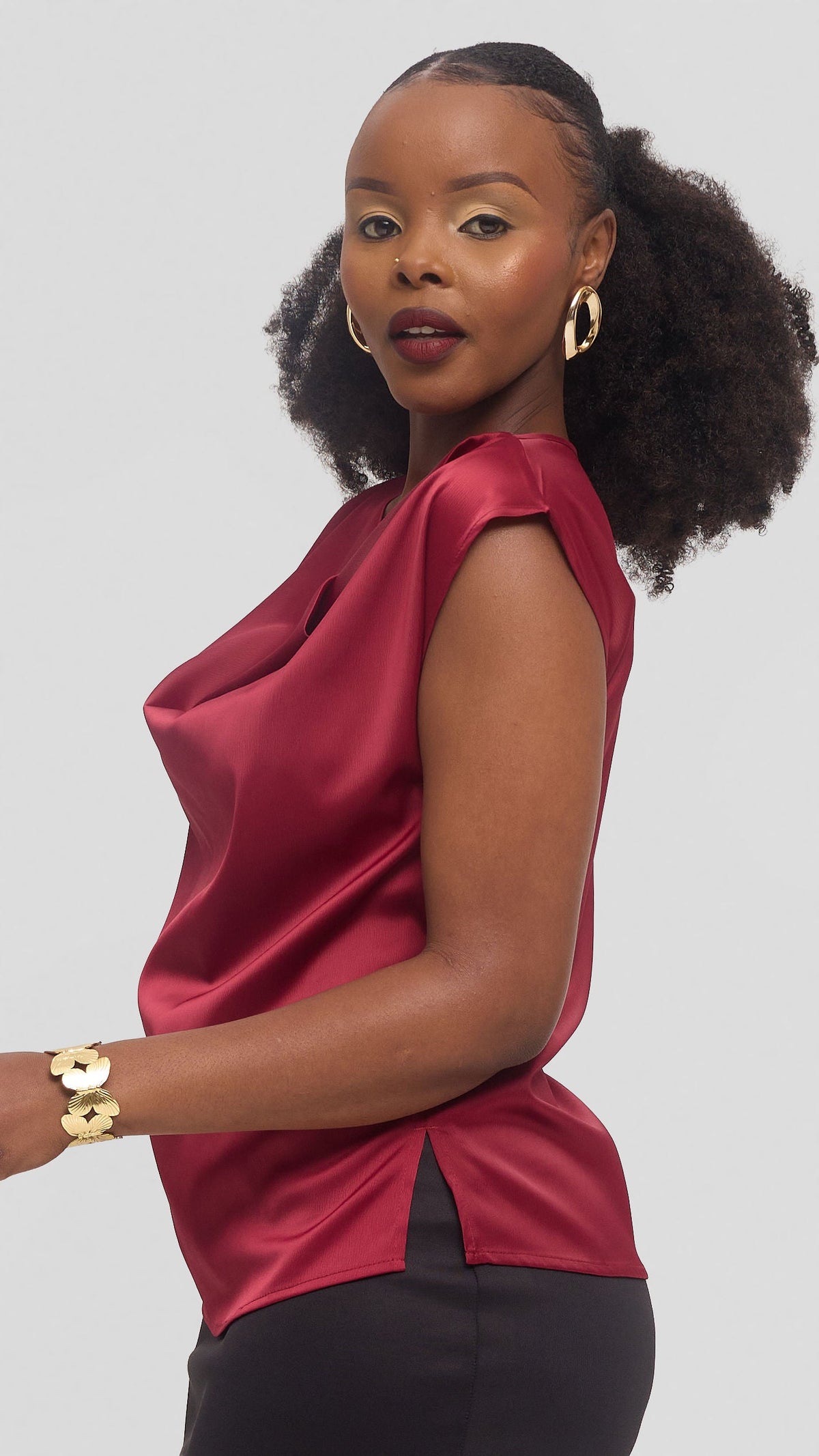 Vivo Drop Shoulder Cowl Top in Satin - Maroon
