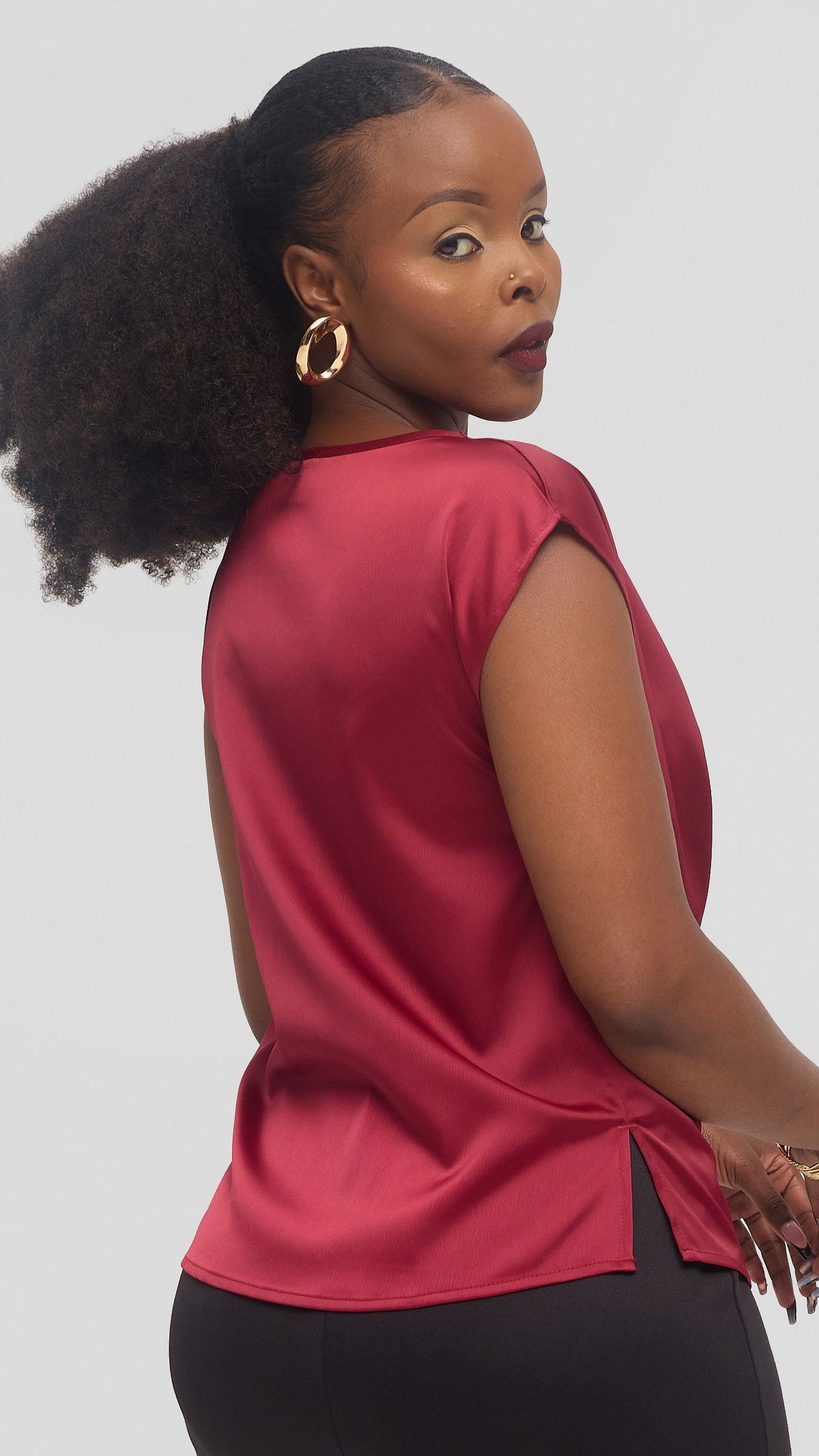 Vivo Drop Shoulder Cowl Top in Satin - Maroon