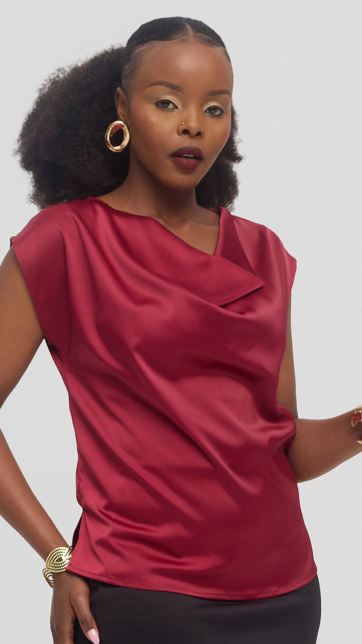 Vivo Drop Shoulder Cowl Top in Satin - Maroon