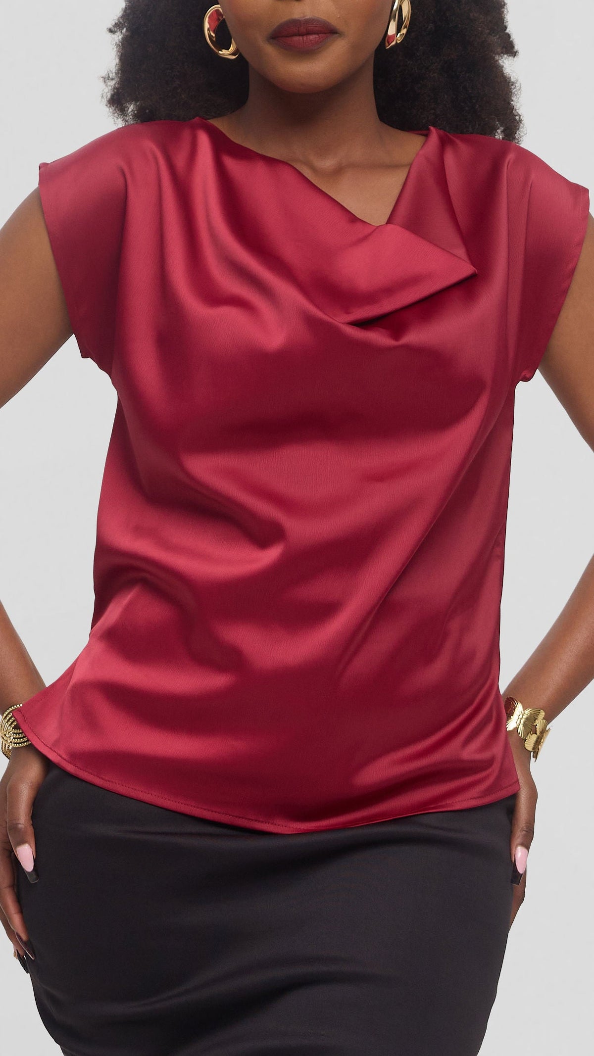 Vivo Drop Shoulder Cowl Top in Satin - Maroon