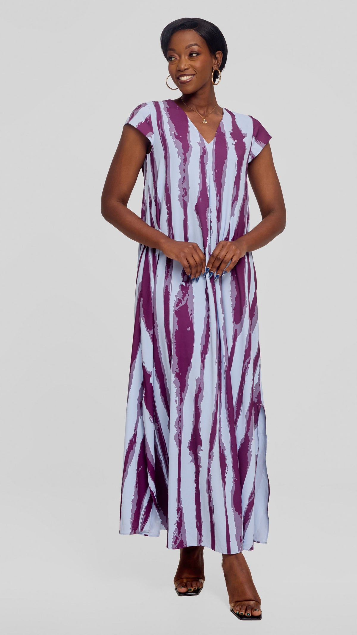 Vivo Kani Cap Sleeve Maxi Dress in Textured Crepe -  Light Blue / Mulberry Tamasha Print