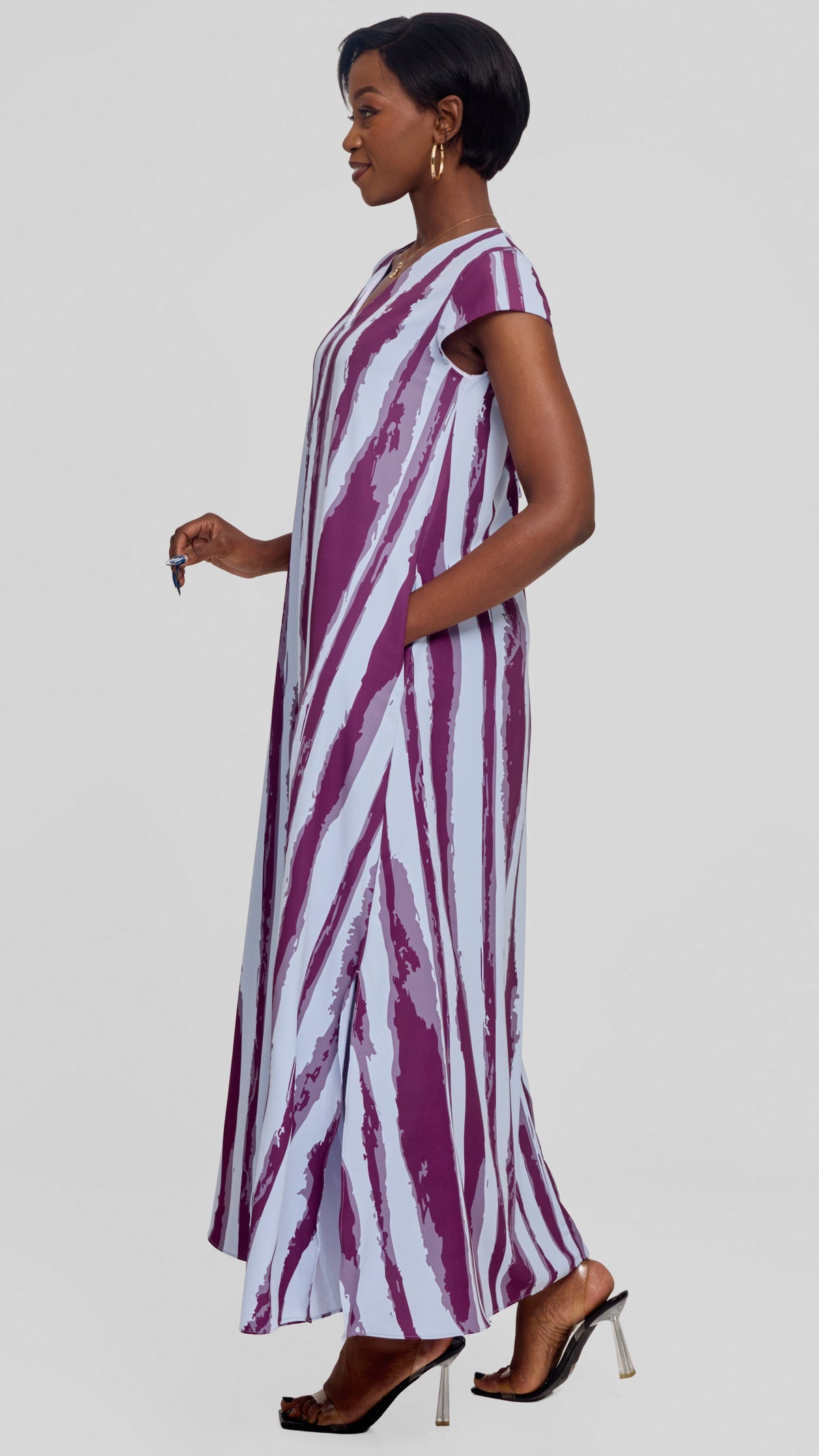 Vivo Kani Cap Sleeve Maxi Dress in Textured Crepe -  Light Blue / Mulberry Tamasha Print