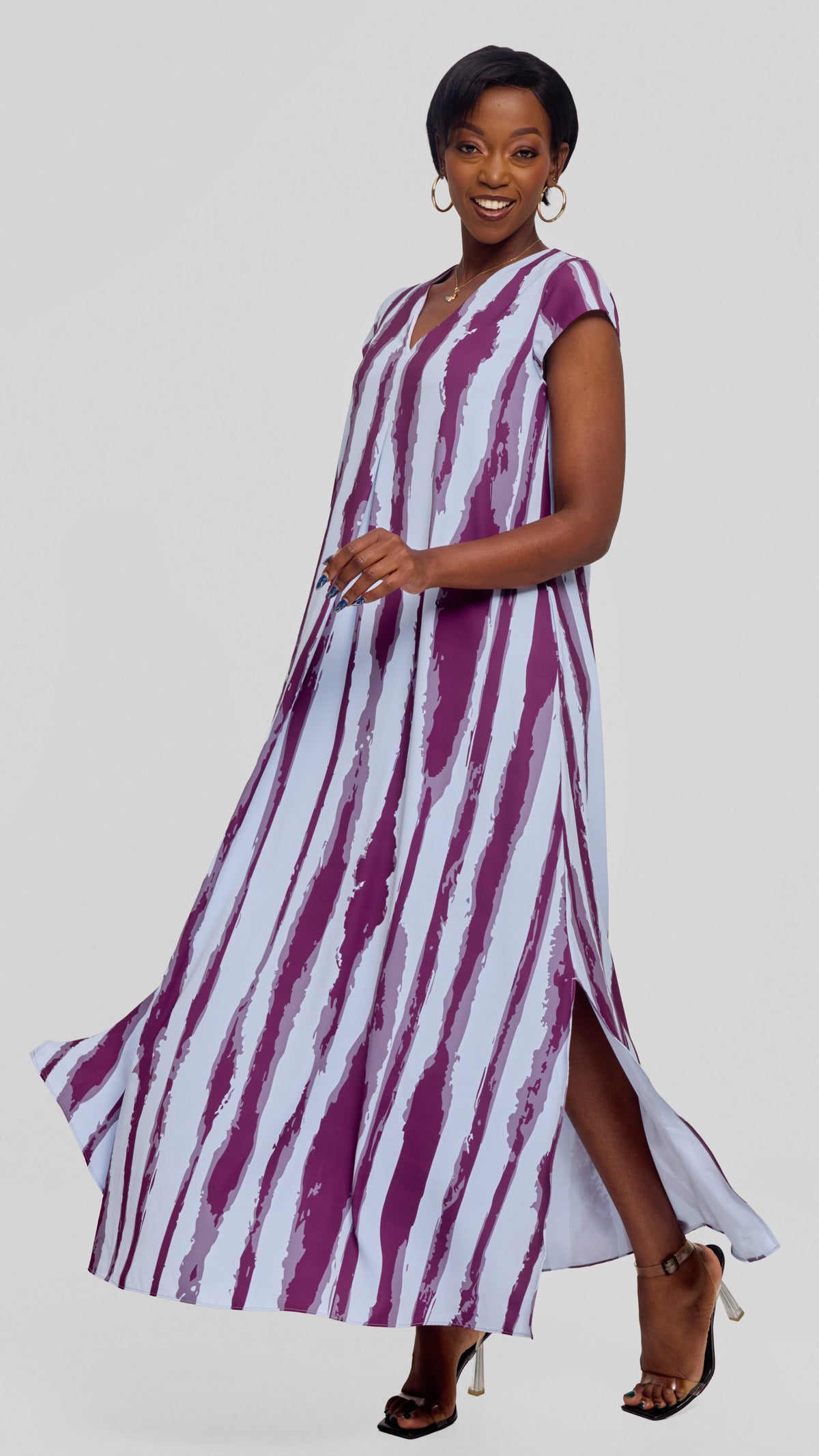 Vivo Kani Cap Sleeve Maxi Dress in Textured Crepe -  Light Blue / Mulberry Tamasha Print