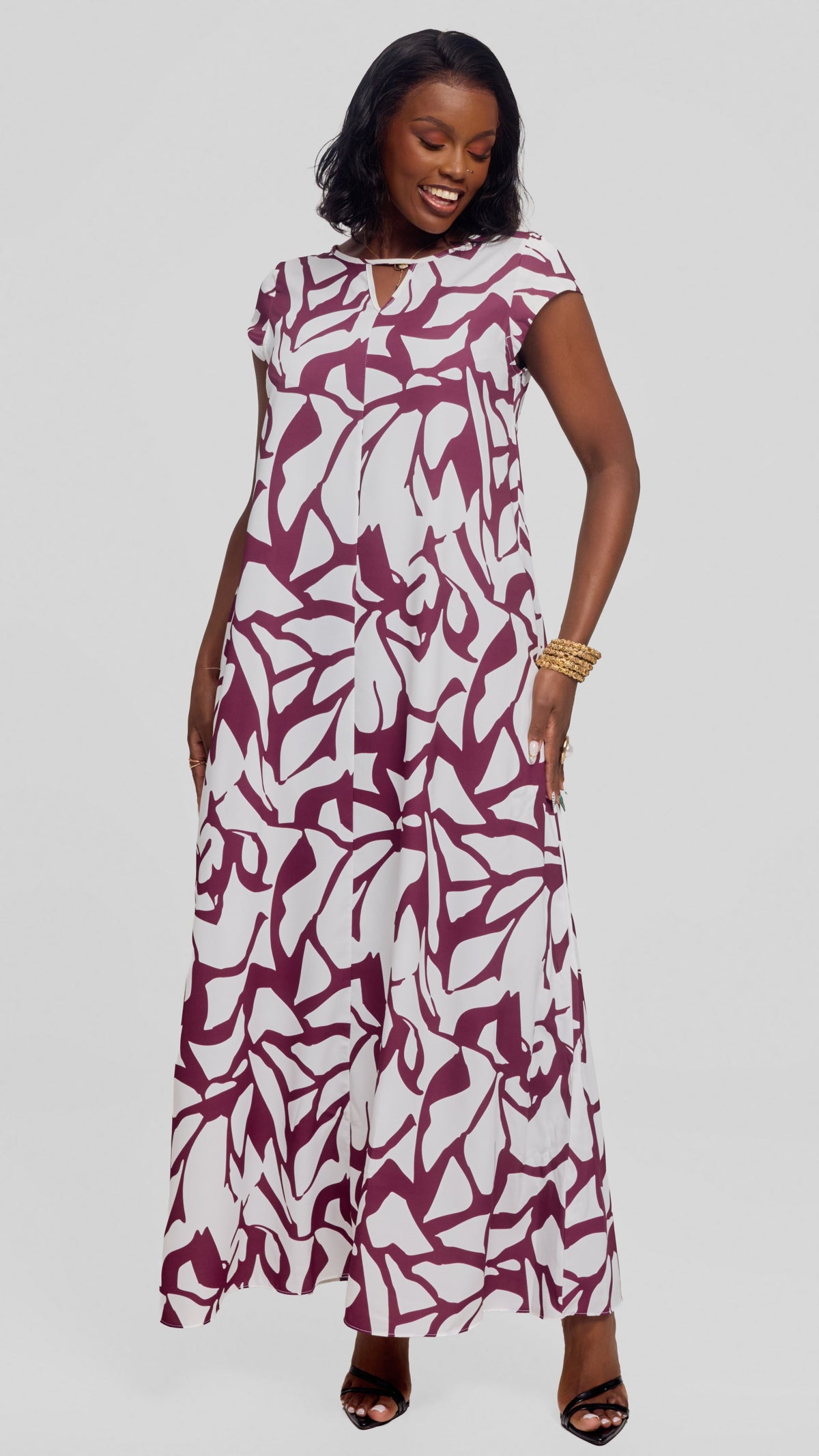 Vivo Sakari Cap Sleeve Maxi Dress in Crepe - White Mulberry  Zania Print