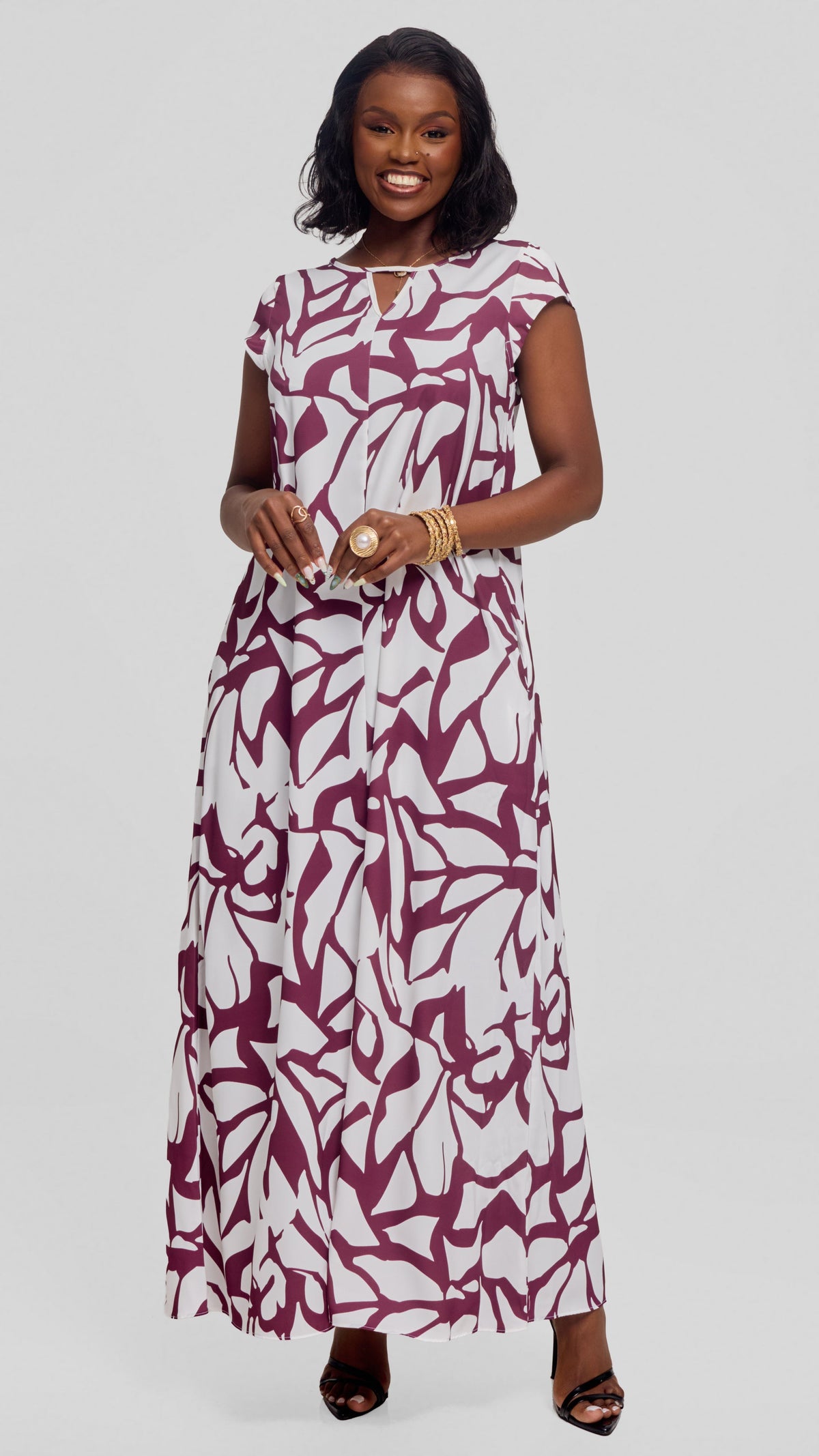 Vivo Sakari Cap Sleeve Maxi Dress in Crepe - White Mulberry  Zania Print